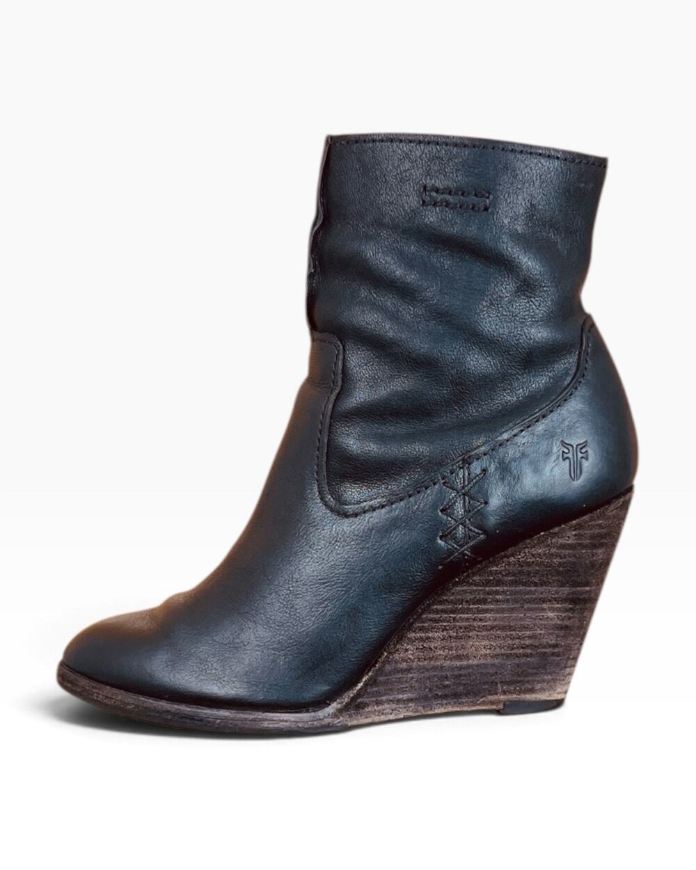 Frye Cece Artisan Short Black Leather Side Zip Wedge Ankle Boots Size 7.5M